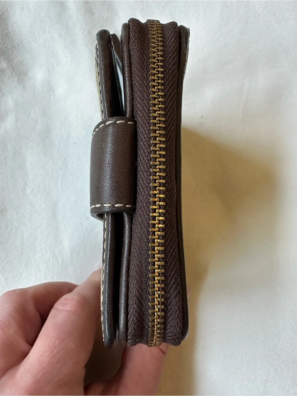 Coach Signature Stripe Bifold Wallet Brown Khaki Canvas Leather Snap Zip Wallet